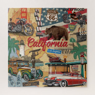 Quebra-cabeça Vintage California: mapa de atrações turísticas.