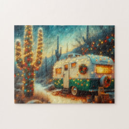 Quebra-cabeça Vintage Camper Christmas em Desert Saguaro Cactus