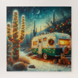 Quebra-cabeça Vintage Camper Christmas em Desert Saguaro Cactus