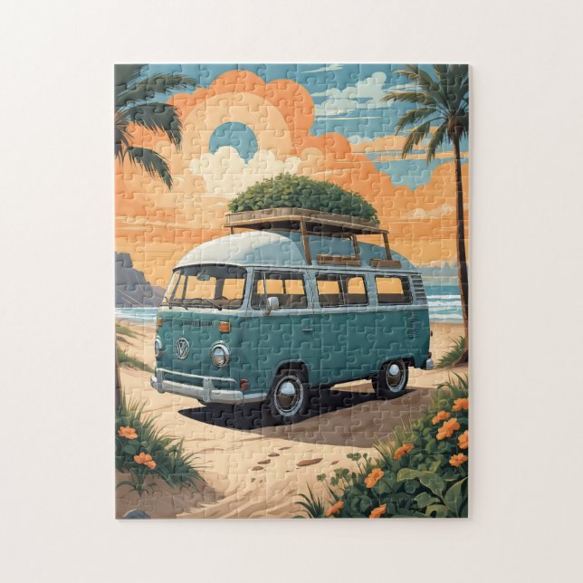 Quebra-cabeça Vintage Camper Van Beach Sunset Illustration (Vertical)