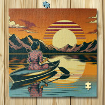 Vintage Camping Scene Woman Kayaking
