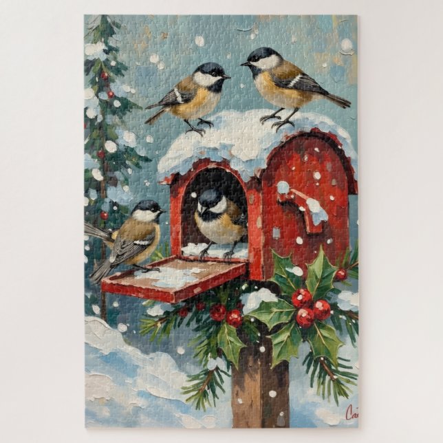 Quebra-cabeça Vintage Chickadees on Snowy Christmas Mailbox (Vertical)