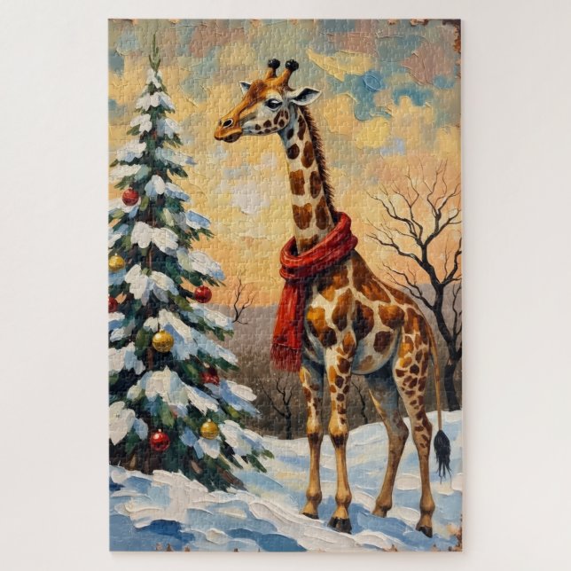 Quebra-cabeça Vintage Christmas Giraffe in Snowy Savanna (Vertical)
