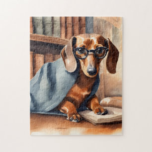 Quebra-cabeça Vintage Dachshund na Biblioteca Antiga