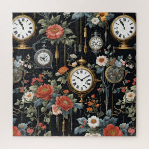 Quebra-cabeça Vintage Floral and Clocks Black Wallpaper Design
