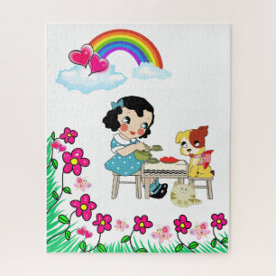 Quebra-cabeça Vintage Girl Dog Cat Floral Rainbow