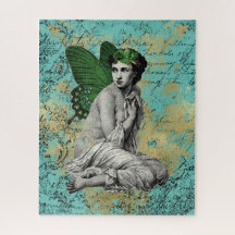Vintage Green Fairy sobre Aqua Ephemera
