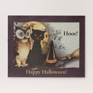 Quebra-cabeça Vintage Halloween Black Cat & Owl Witl Hat Moon