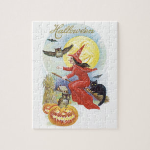 Quebra-cabeça Vintage Halloween, Bruxa Voadora com um Gato Negro