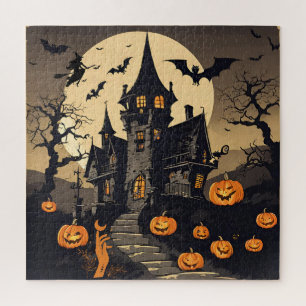 Quebra-cabeça Vintage Halloween Hauneen House, Pumpkins, Bats