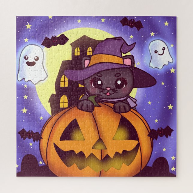 Quebra-cabeça Vintage Halloween Outubro Pumpkin Cat (Vertical)