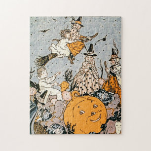 Quebra-cabeça Vintage Halloween Pumpkin e Bruxas com vassouras