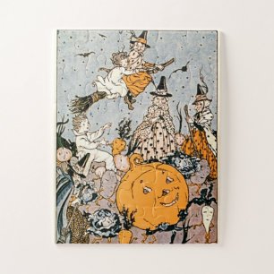 Quebra-cabeça Vintage Halloween Pumpkin e Bruxas com vassouras