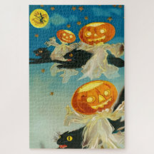 Vintage Halloween Pumpkin Fantasmas e Gatos Negros