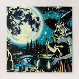 Quebra-cabeça Vintage Halloween Witch agitando um Caldeirão