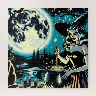 Quebra-cabeça Vintage Halloween Witch agitando um Caldeirão