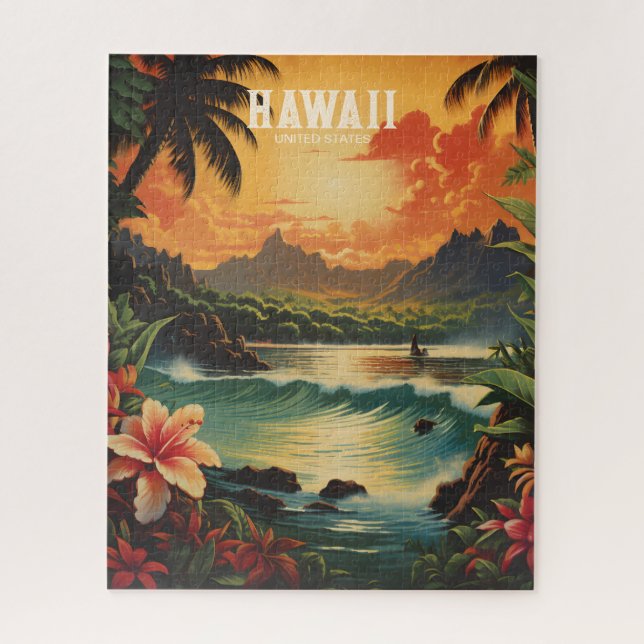 Quebra-cabeça Vintage Hawaii Tropical Beach Viagem Illustration (Vertical)