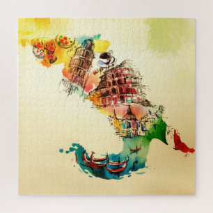 Quebra-cabeça Vintage Itália Map City Viagem Love Watercolor