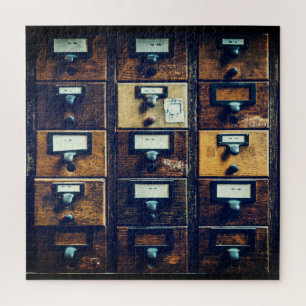 Quebra-cabeça Vintage library card catalog wood cabinet