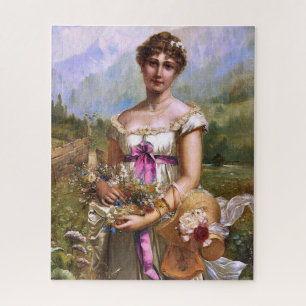 Quebra-cabeça Vintage Linda Senhora Rosa Fita Branca Flores