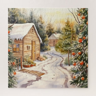 Quebra-cabeça Vintage Log Homes Decorados em Árvore de Natal do