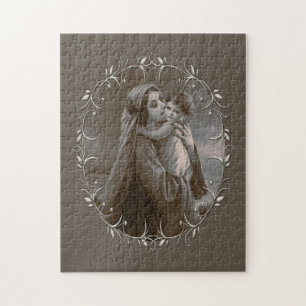 Quebra-cabeça Vintage Madonna e Child com Silver Frame