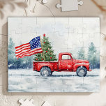 Quebra-cabeça Vintage Red Christmas Truck Bandeira de Natal<br><div class="desc">Vintage caminhão de Natal vermelho com uma árvore de Natal e uma bandeira americana a cortina de chá de Natal é uma forma festiva de mostrar seu amor pela América e celebrar as festas.</div>