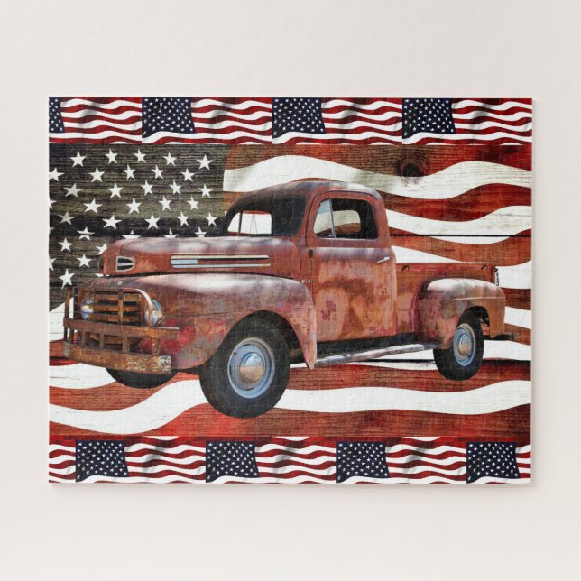 Quebra-cabeça Vintage Red Truck American Flag (Horizontal)