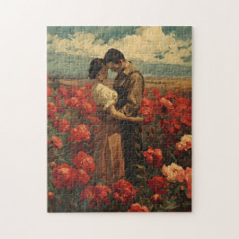 Quebra-cabeça Vintage Romance: Casal no Campo de Peonia Vermelha