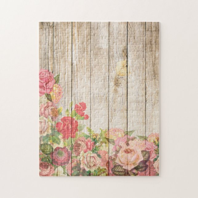 Quebra-cabeça Vintage Rosas Rústicos Românticos Madeira (Vertical)