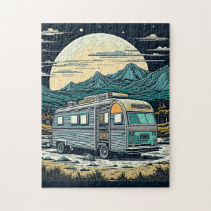 Quebra-cabeça Vintage RV nas montanhas com lua cheia