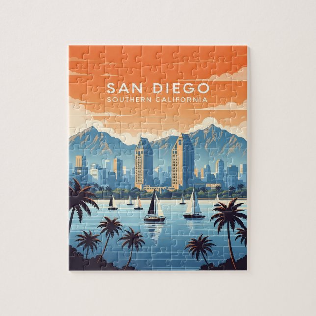 Quebra-cabeça Vintage San Diego skyline with sailboats (Vertical)