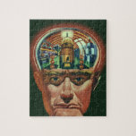 Quebra-cabeça Vintage Science Fiction, Alienígena Brain in Labor<br><div class="desc">Ilustração vintage: aliens futuristas de ficção científica e imagens de robôs apresentando um homem com seu cérebro exposto mostrando um laboratório. Um clássico design de revista em quadrinhos que apresenta um ciborgue cientista com a mão no queixo com um olhar intenso em seu rosto e parece que está pensando no...</div>