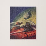 Quebra-cabeça Vintage Science Fiction, Futurística City on Moon<br><div class="desc">Imagem de viagem de ilustração venenosa e ficção científica de transporte apresentando um clássico livro em quadrinhos retrô sci fi espaço e imagem planetária de astronautas ou aliens viajando em uma espaçonave voando sobre uma metrópole futurista na lua.</div>