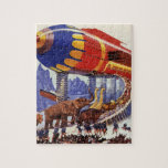 Quebra-cabeça Vintage Science Fiction, Noah's Ark Wild<br><div class="desc">Vintage ilustration science fiction futurística viagem e transporte imagem de história de bíblia religiosa. Uma espaçonave moderna do Arco de Noé com pares de animais selvagens (elefantes, girafas, leões, aves etc.) caminhando sobre conselhos e soldados guardando as pessoas de volta. Um clássico design de ficção científica de quadrinhos retrógrados do...</div>