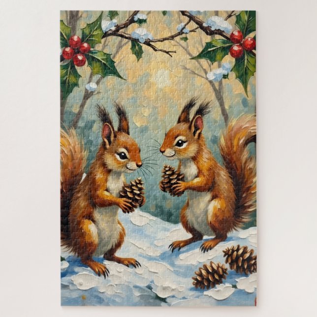 Quebra-cabeça Vintage Squirrels Gathering Pinecones Christmas (Vertical)