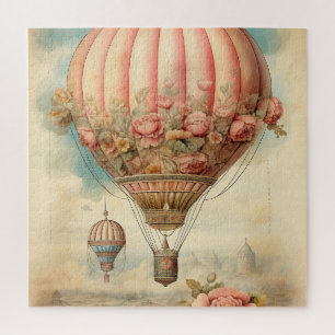 Quebra-cabeça Vintage Steampunk Pink Floral Hot Air Balloon