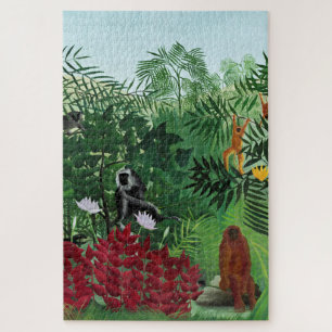 Quebra-cabeça Vintage Tropical Forest Macacos Ilustração Arte