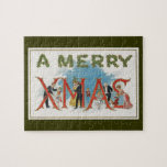 Quebra-cabeça Vintage Victorian Christmas, A Felry Xmas Party<br><div class="desc">Ilustração Vintage design de texto de Natal vitoriano com pessoas vestidas de roupas elegantes e ricos numa festa. As palavras A Feliz são escritas em folhas e bagas ocas e a palavra XMAS em letras vermelhas. Alguns dos homens estão escondidos sobre as senhoras na esperança de receber um beijo.</div>