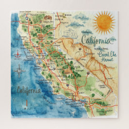 Quebra-cabeça Vintage Watercolor California Travel Map Art