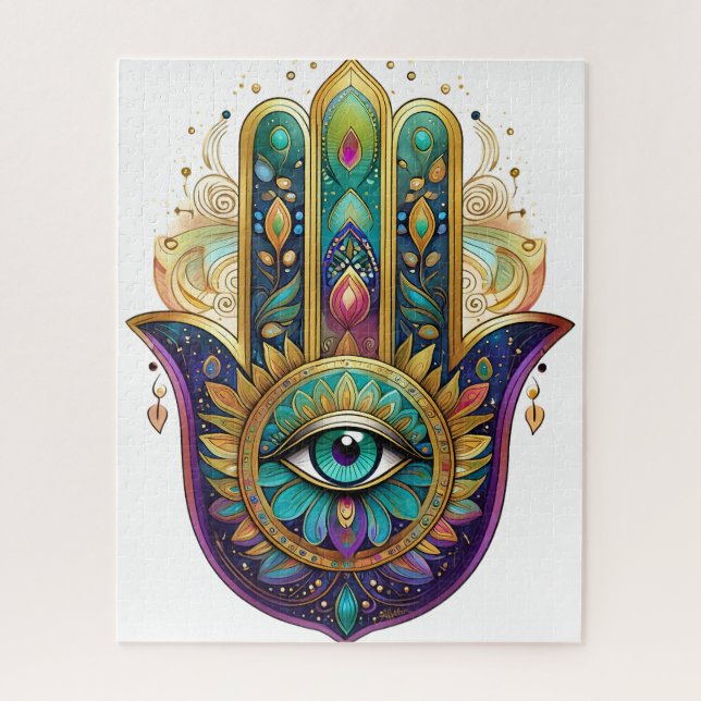 Quebra-cabeça Violet Green Gold Petals Hamsa Turquoise Third Eye (Vertical)