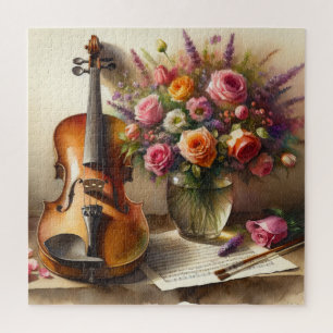 Quebra-cabeça Violino, Música Folha e Vaso de Flores