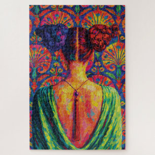 Quebra-cabeça Vista Posterior de Mulher Tranças Coloridas Padrão