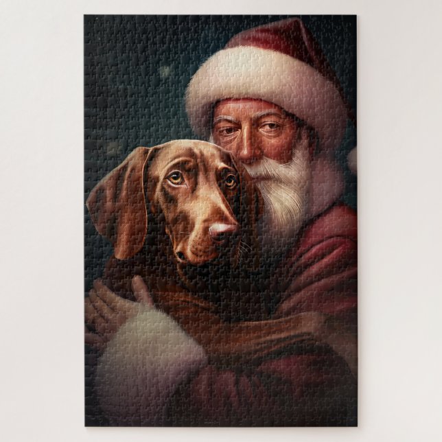 Quebra-cabeça Vizsla com Papai Noel Natal Festivo (Vertical)