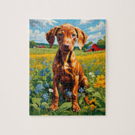 Quebra-cabeça Vizsla Puppy no campo Variedade de flores selvagen