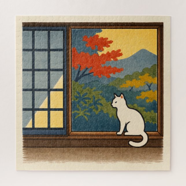 Quebra-cabeça Wa – Quiet Window with White Cat (Vertical)