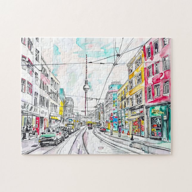 Quebra-cabeça Watercolor Berlin Mitte e TV Tower (Horizontal)