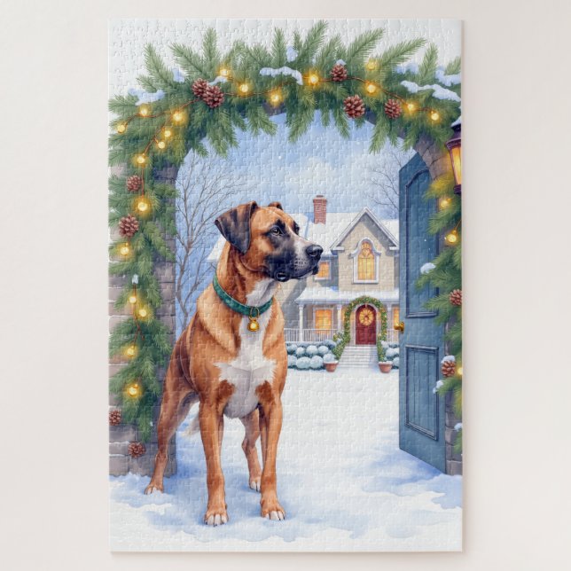 Quebra-cabeça Watercolor Boerboel Farmhouse Gate Christmas (Vertical)
