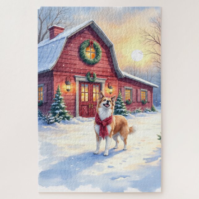 Quebra-cabeça Watercolor Border Collie Country Barn Christmas (Vertical)