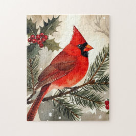 Quebra-cabeça Watercolor Cardinal on Snowy Pine Branch Christmas